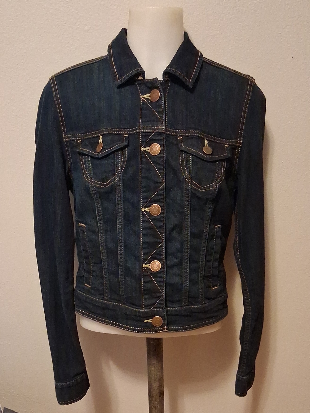 nwot american eagle jean jacket womens m denim coat very stretchy fitted drk blu